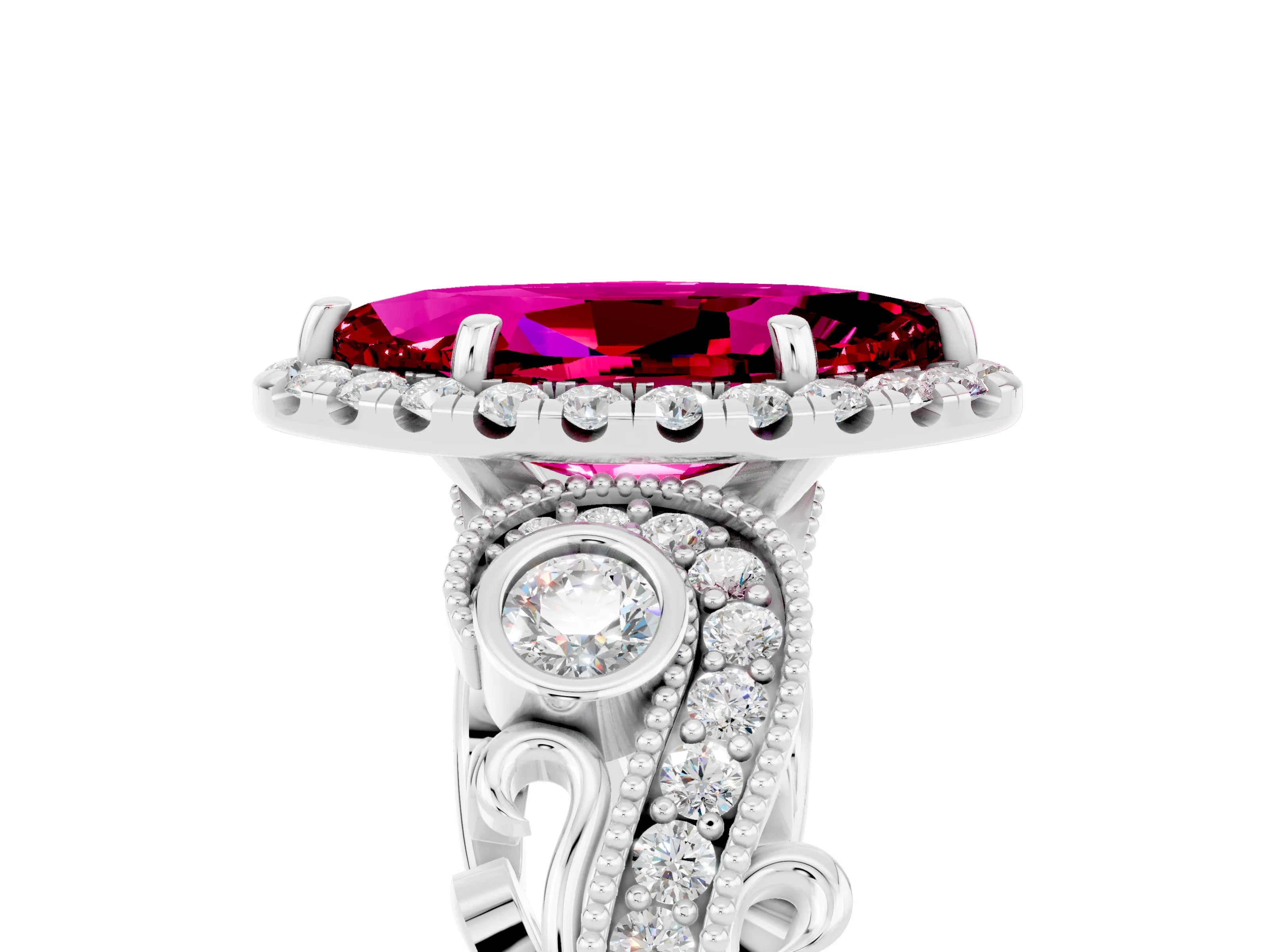 White gold Marquise Cut Garnet Halo Ring with Milgrain Pavé Band and Four-Prong Setting_17