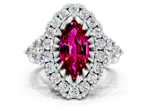 Platinum Marquise Cut Garnet Halo Ring with Pavé Band and Four-Prong Setting
