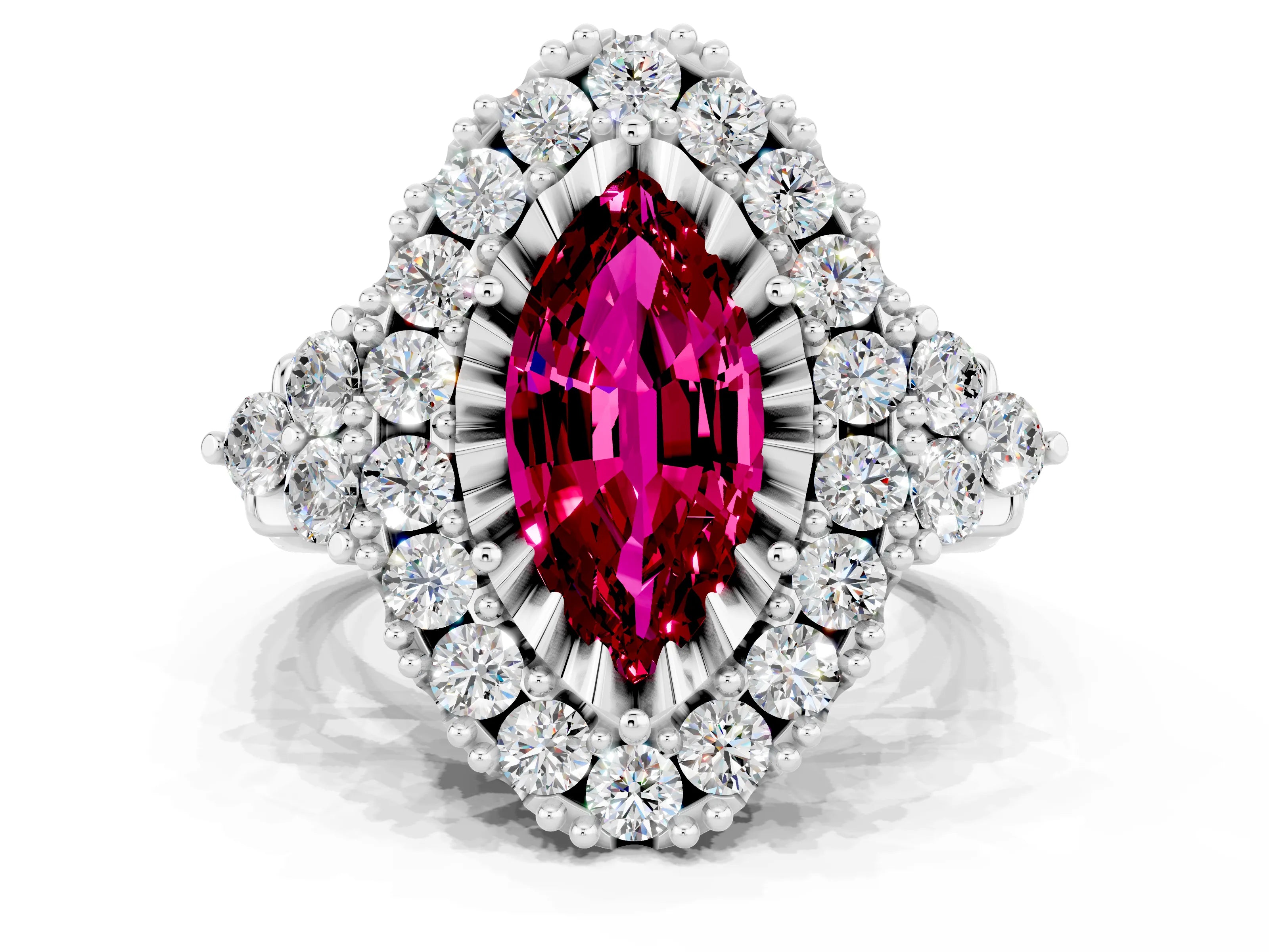 White gold Marquise Cut Garnet Halo Ring with Pavé Band and Four-Prong Setting_12
