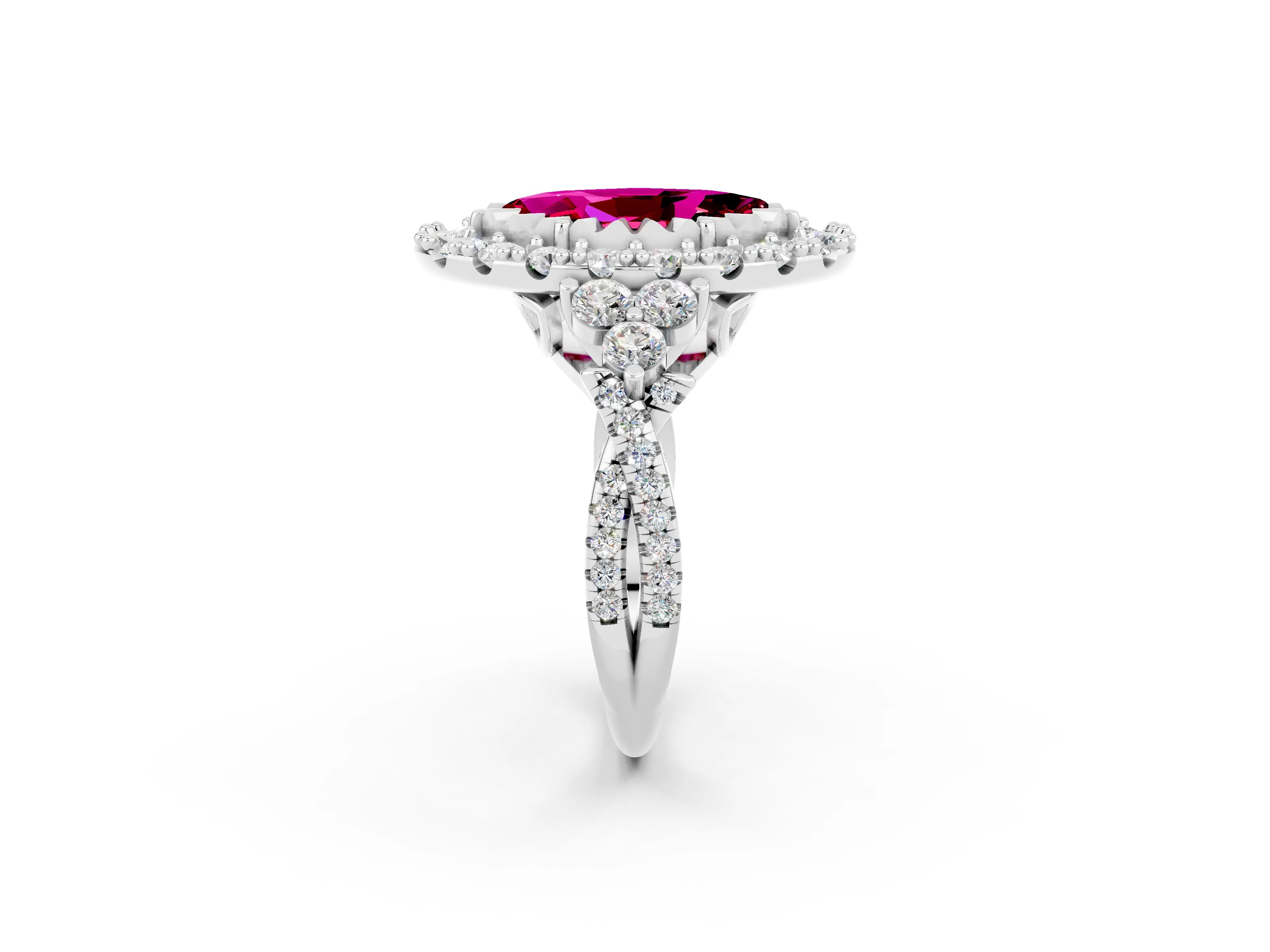 White gold Marquise Cut Garnet Halo Ring with Pavé Band and Four-Prong Setting_14