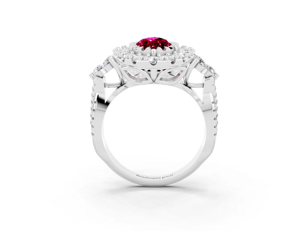 White gold Marquise Cut Garnet Halo Ring with Pavé Band and Four-Prong Setting