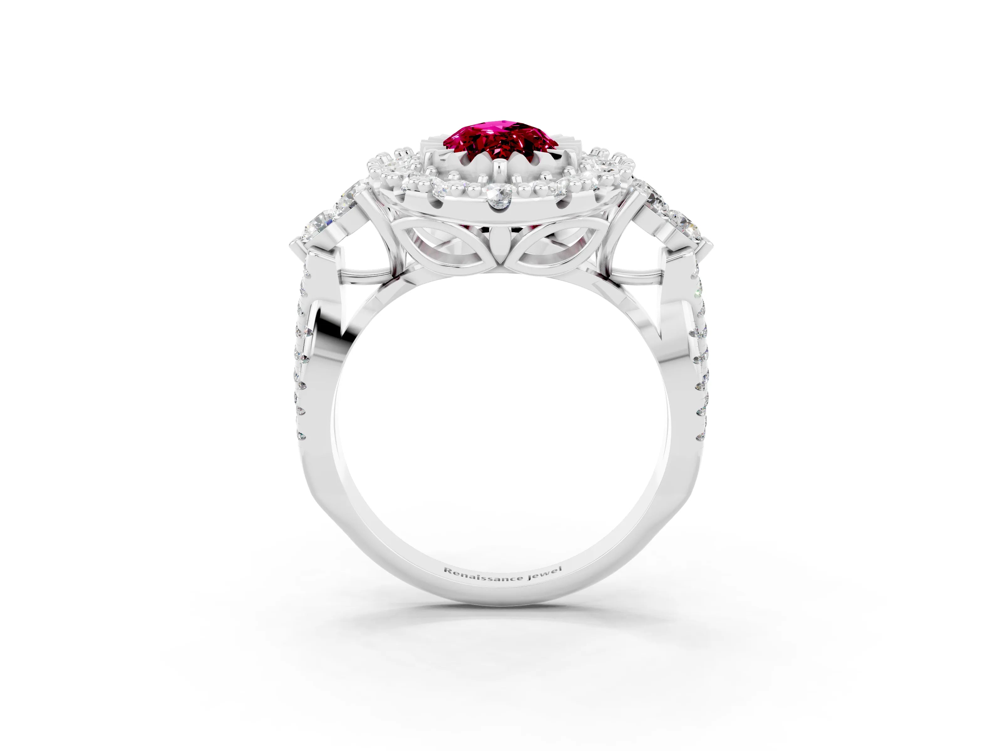 White gold Marquise Cut Garnet Halo Ring with Pavé Band and Four-Prong Setting_15