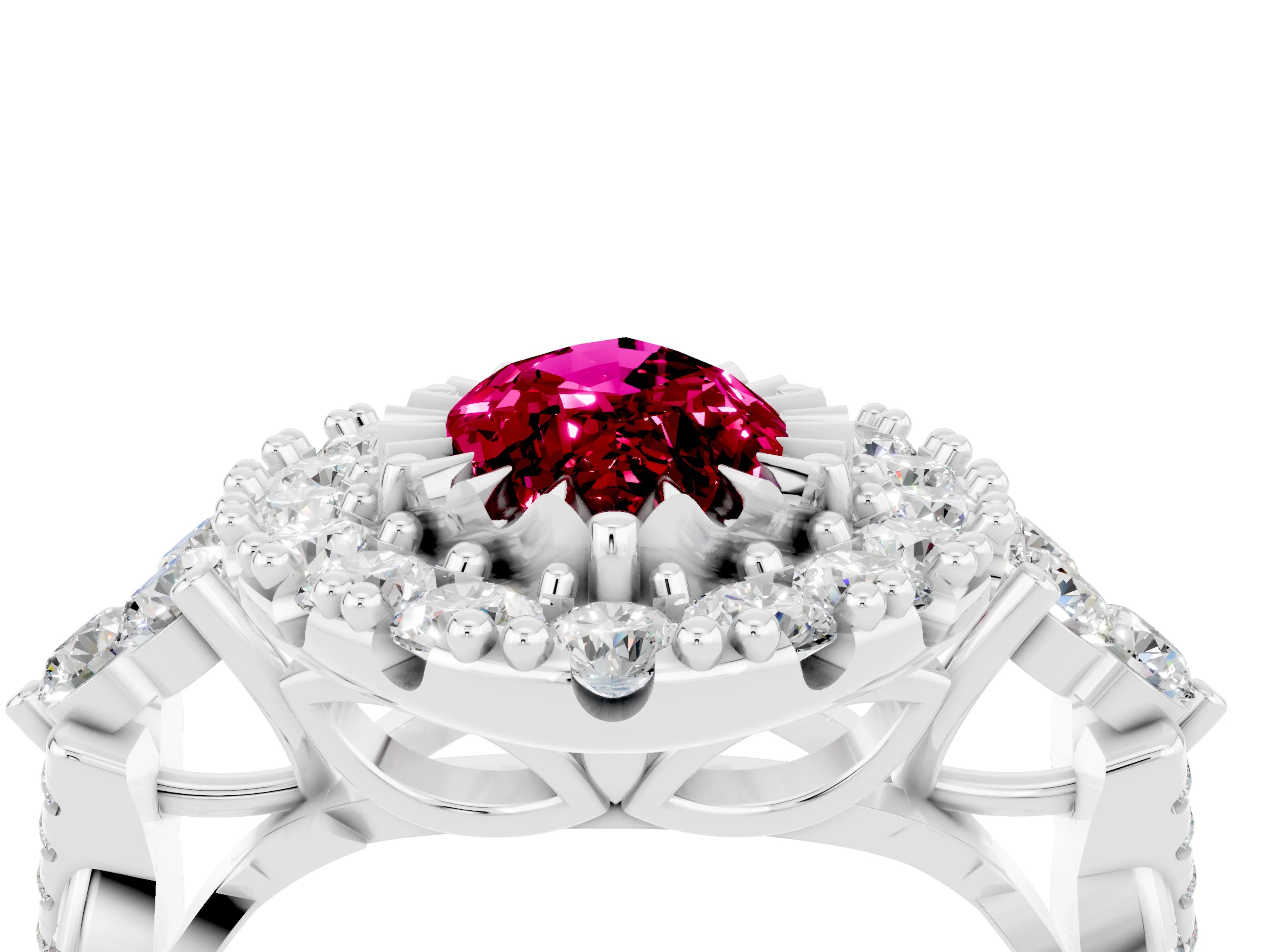 White gold Marquise Cut Garnet Halo Ring with Pavé Band and Four-Prong Setting_16