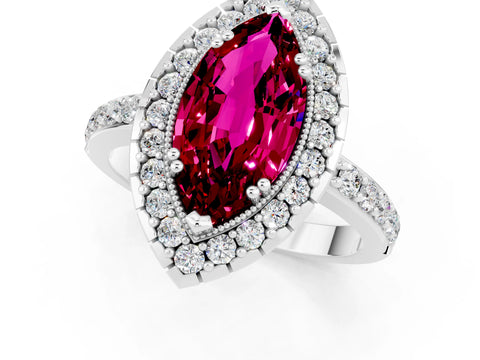 White gold Marquise Cut Garnet Halo Ring with Pavé Band and Prong Setting_1