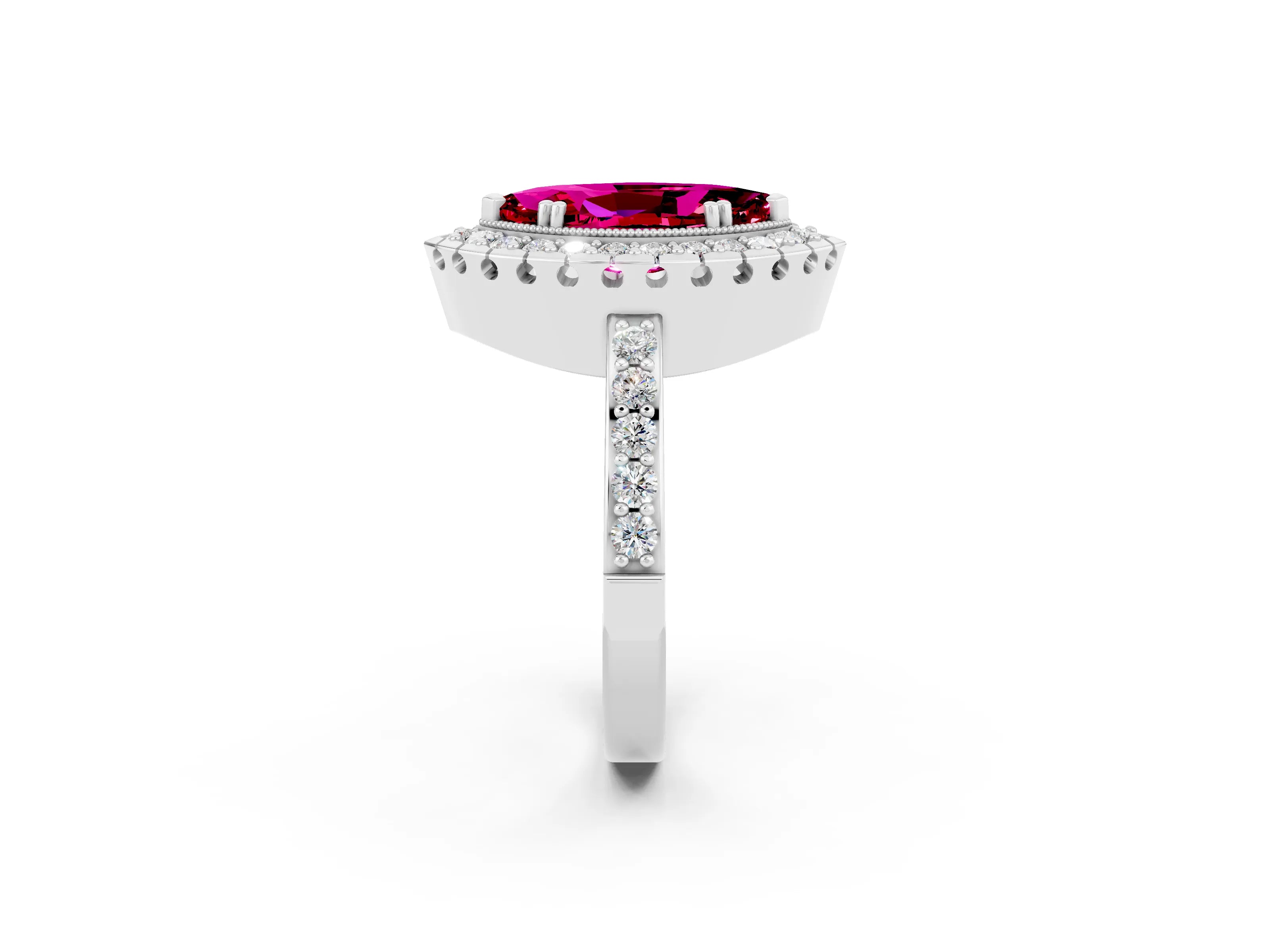 White gold Marquise Cut Garnet Halo Ring with Pavé Band and Prong Setting_2
