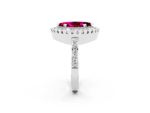 White gold Marquise Cut Garnet Halo Ring with Pavé Band and Prong Setting_2