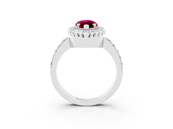 Platinum Marquise Cut Garnet Halo Ring with Pavé Band and Prong Setting