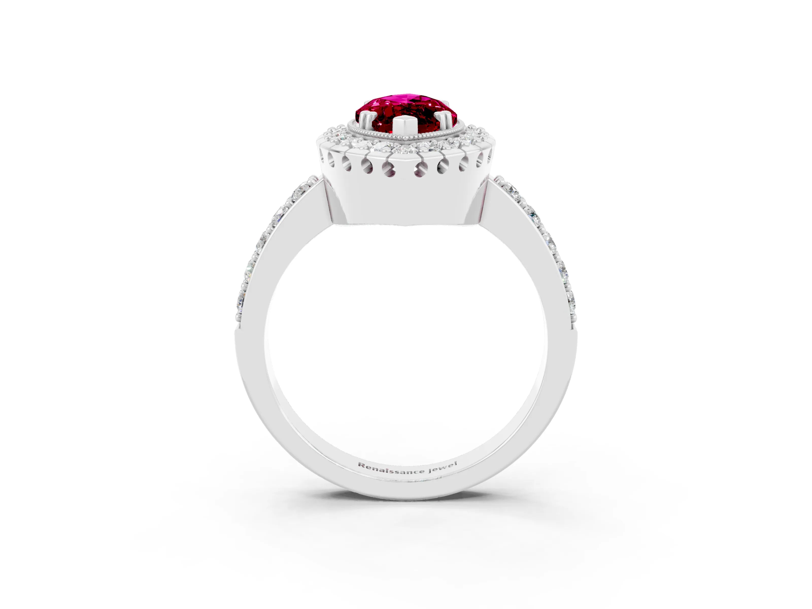 White gold Marquise Cut Garnet Halo Ring with Pavé Band and Prong Setting_3