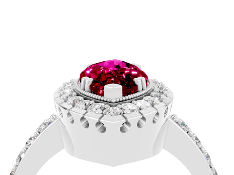 White gold Marquise Cut Garnet Halo Ring with Pavé Band and Prong Setting_4