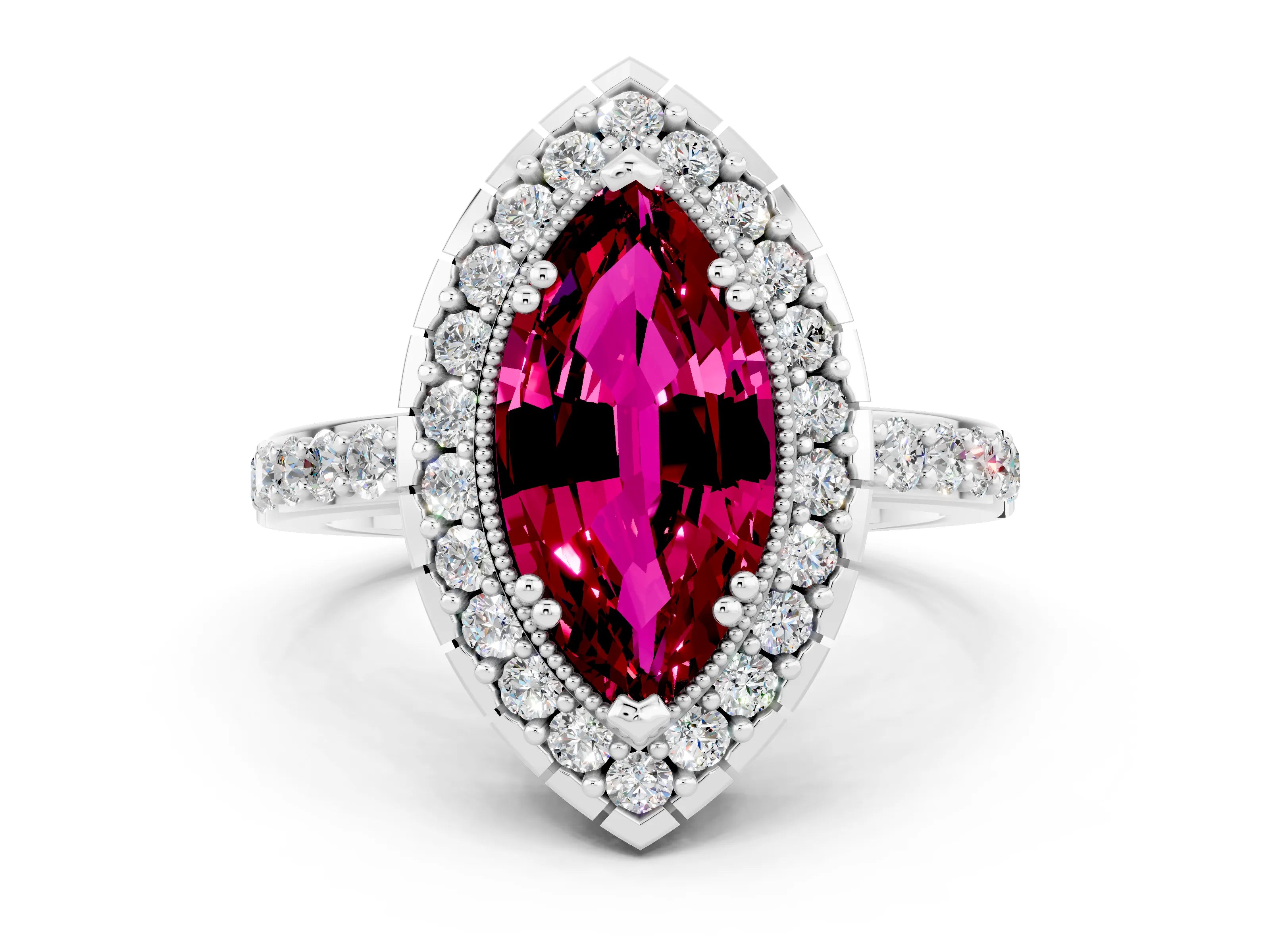 White gold Marquise Cut Garnet Halo Ring with Pavé Band and Prong Setting