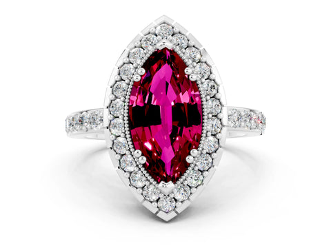 White gold Marquise Cut Garnet Halo Ring with Pavé Band and Prong Setting