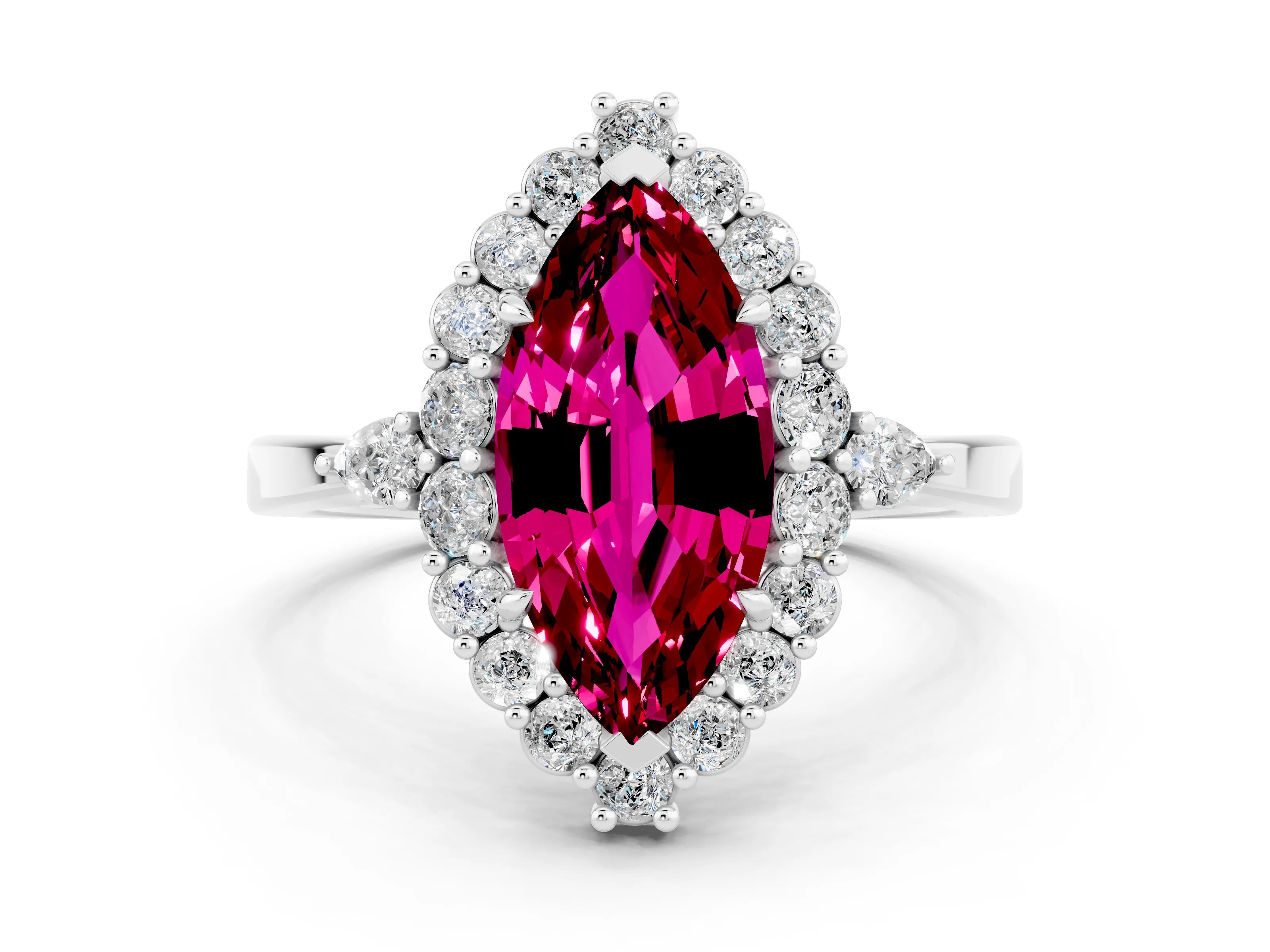 White gold Marquise Cut Garnet Halo Ring with Pear Side Stones and Prong Setting_36