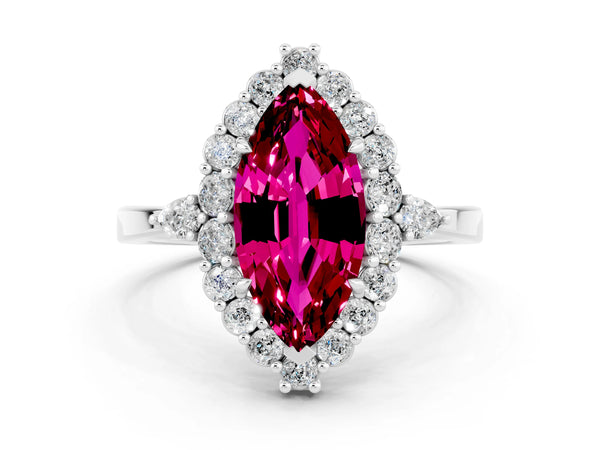 White gold Marquise Cut Garnet Halo Ring with Pear Side Stones and Prong Setting