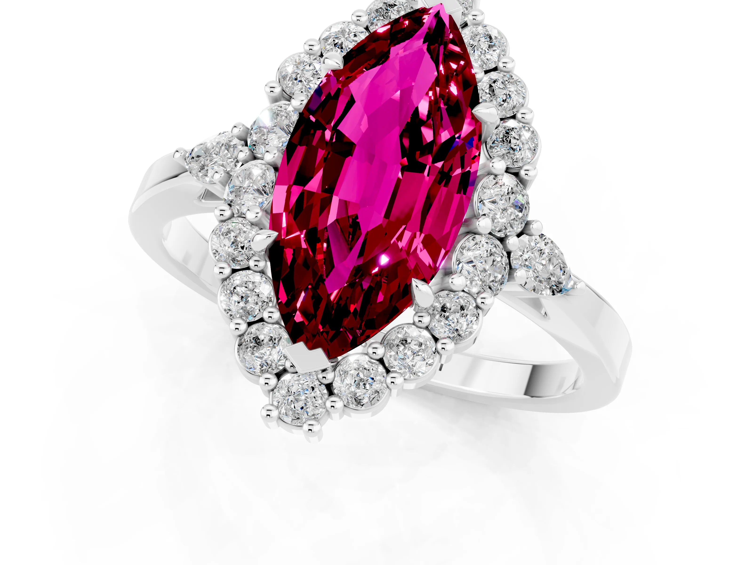 White gold Marquise Cut Garnet Halo Ring with Pear Side Stones and Prong Setting_37