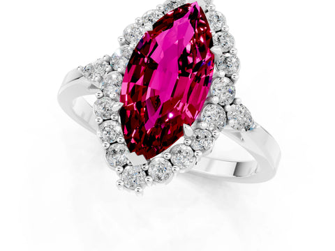 White gold Marquise Cut Garnet Halo Ring with Pear Side Stones and Prong Setting_37