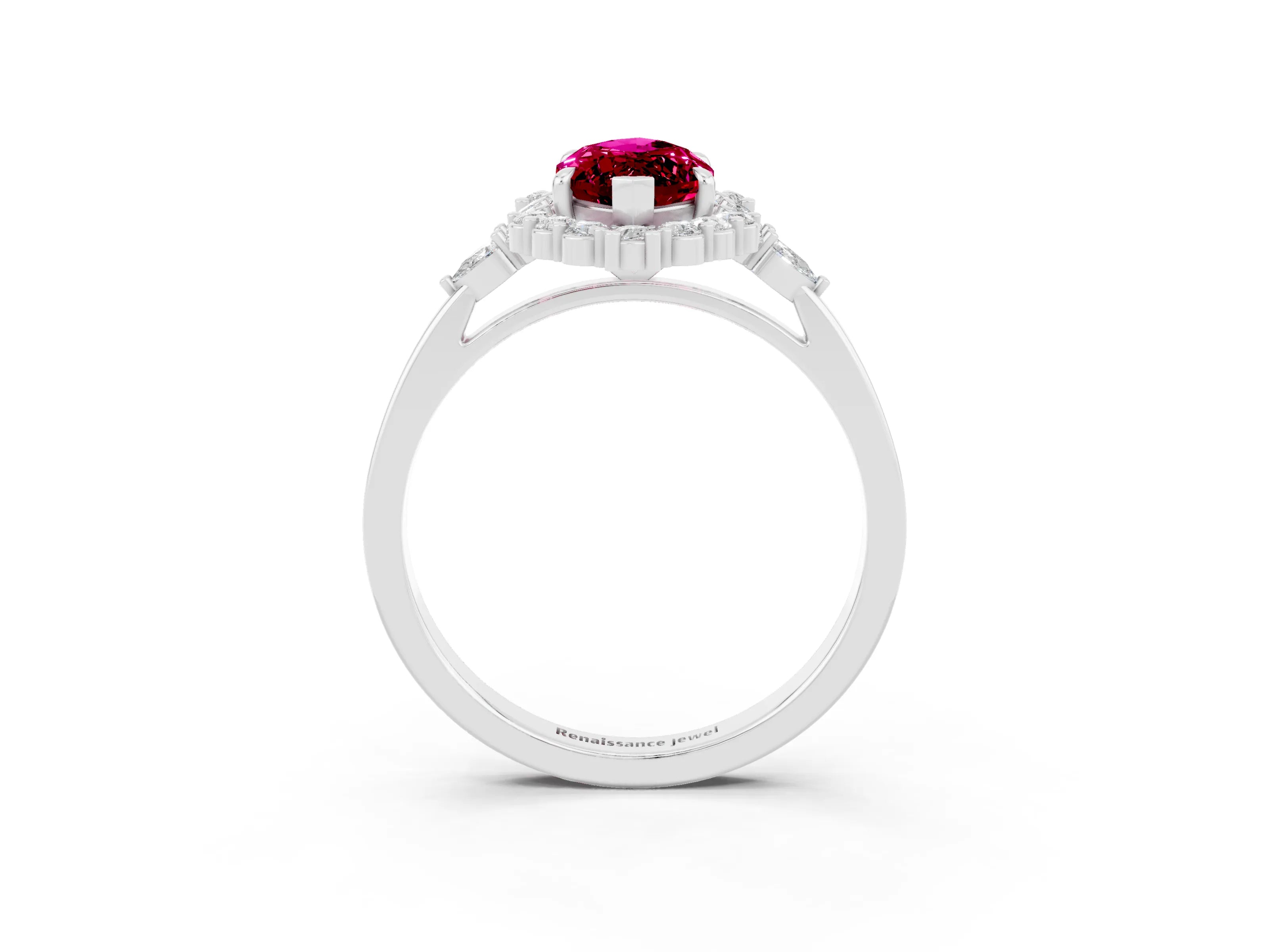 White gold Marquise Cut Garnet Halo Ring with Pear Side Stones and Prong Setting_39