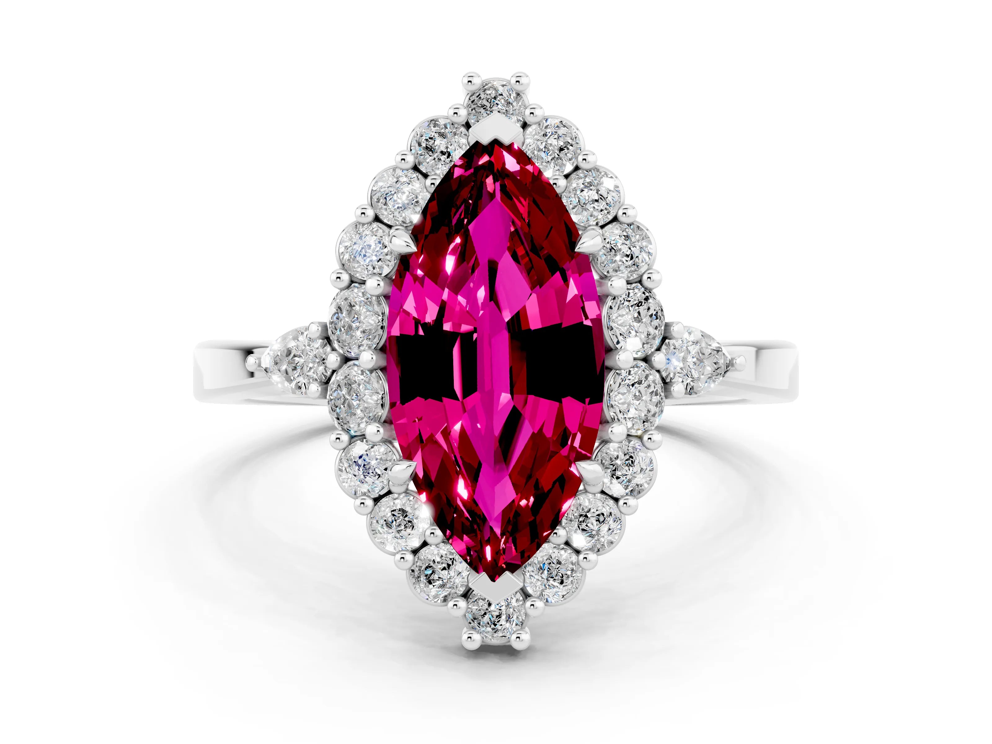 White gold Marquise Cut Garnet Halo Ring with Pear Side Stones and Prong Setting_48