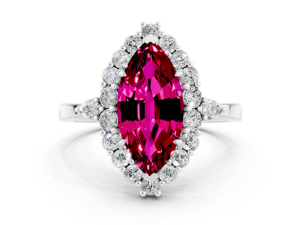 White gold Marquise Cut Garnet Halo Ring with Pear Side Stones and Prong Setting