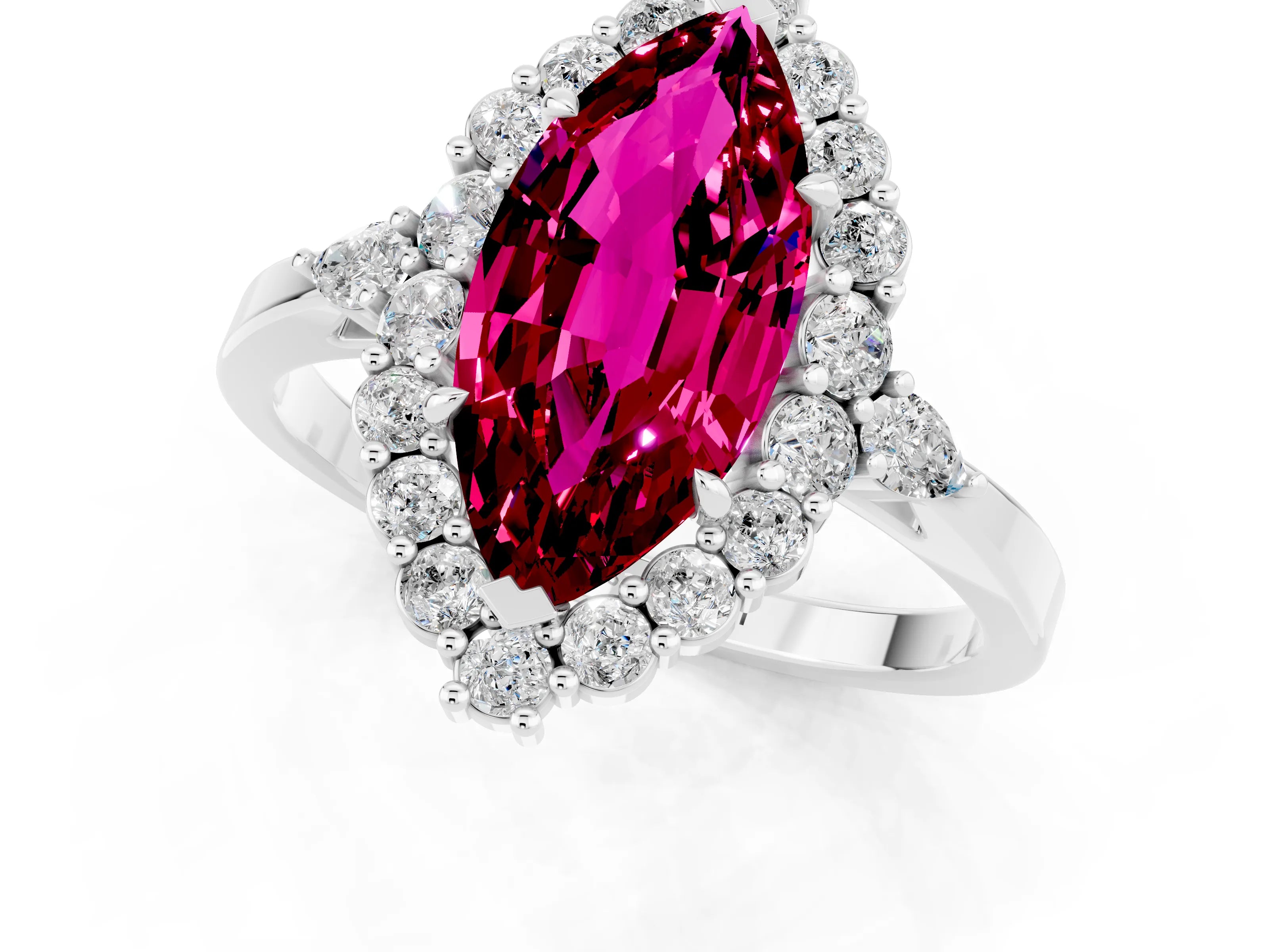 White gold Marquise Cut Garnet Halo Ring with Pear Side Stones and Prong Setting_49