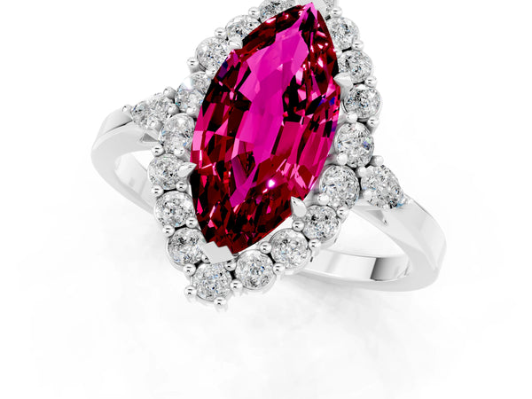 Silver Marquise Cut Garnet Halo Ring with Pear Side Stones and Prong Setting