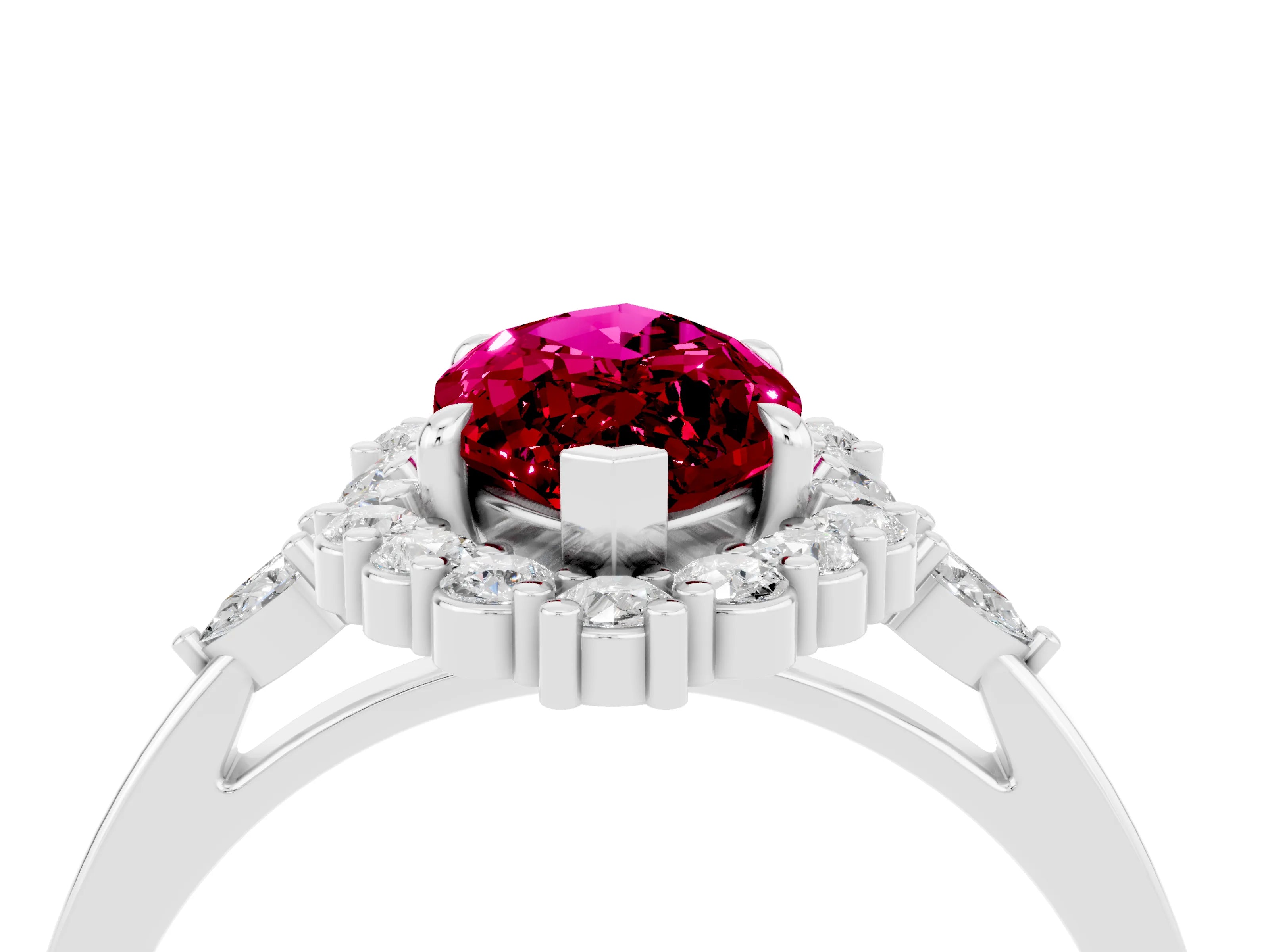 White gold Marquise Cut Garnet Halo Ring with Pear Side Stones and Prong Setting_52