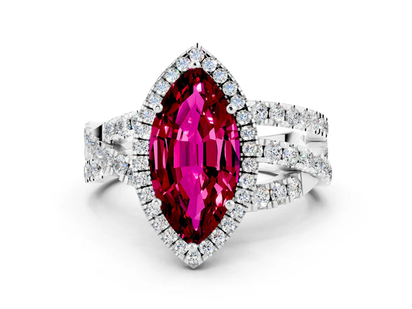 Platinum Marquise Cut Garnet Halo Ring with Round Split Shank and Prong Setting