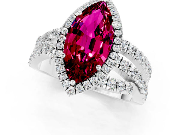 Platinum Marquise Cut Garnet Halo Ring with Round Split Shank and Prong Setting
