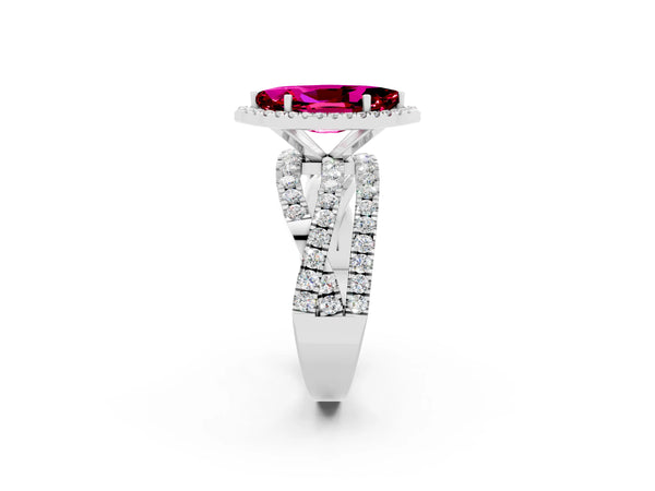 Platinum Marquise Cut Garnet Halo Ring with Round Split Shank and Prong Setting