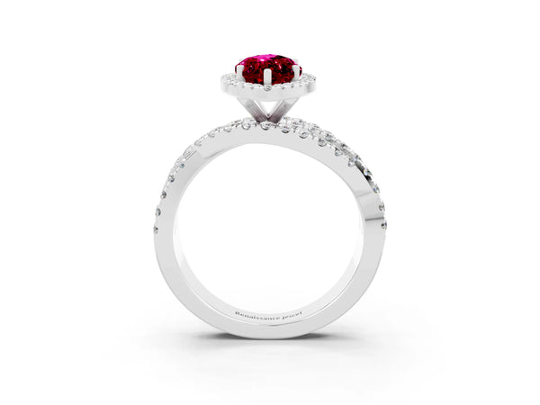 Silver Marquise Cut Garnet Halo Ring with Round Split Shank and Prong Setting