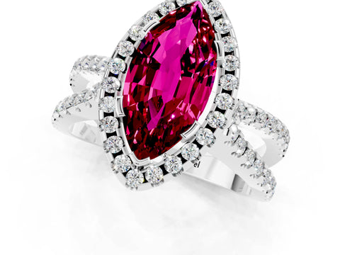 White gold Marquise Cut Garnet Halo Ring with Split Shank Pavé Band and Prong Setting_1