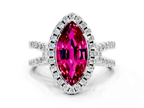 Silver Marquise Cut Garnet Halo Ring with Split Shank Pavé Band and Prong Setting
