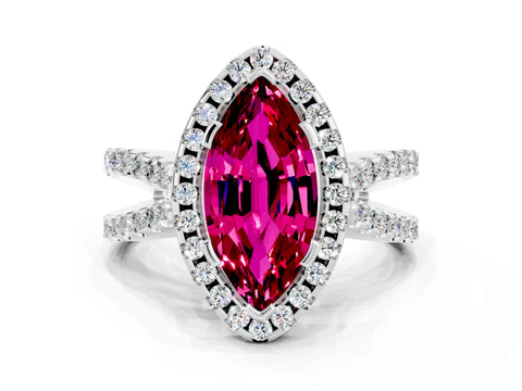 White gold Marquise Cut Garnet Halo Ring with Split Shank Pavé Band and Prong Setting