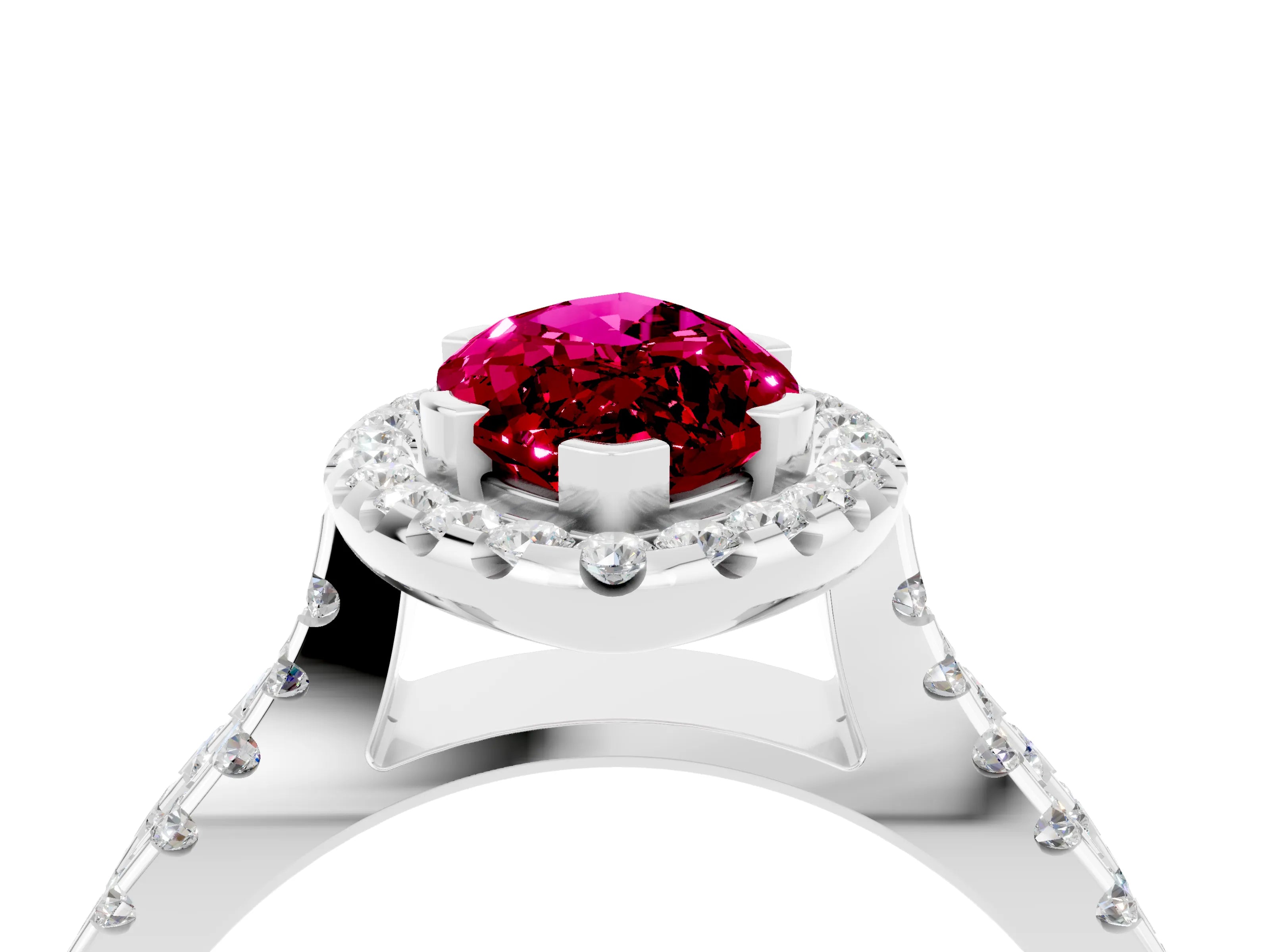White gold Marquise Cut Garnet Halo Ring with Split Shank Pavé Band and Prong Setting_4