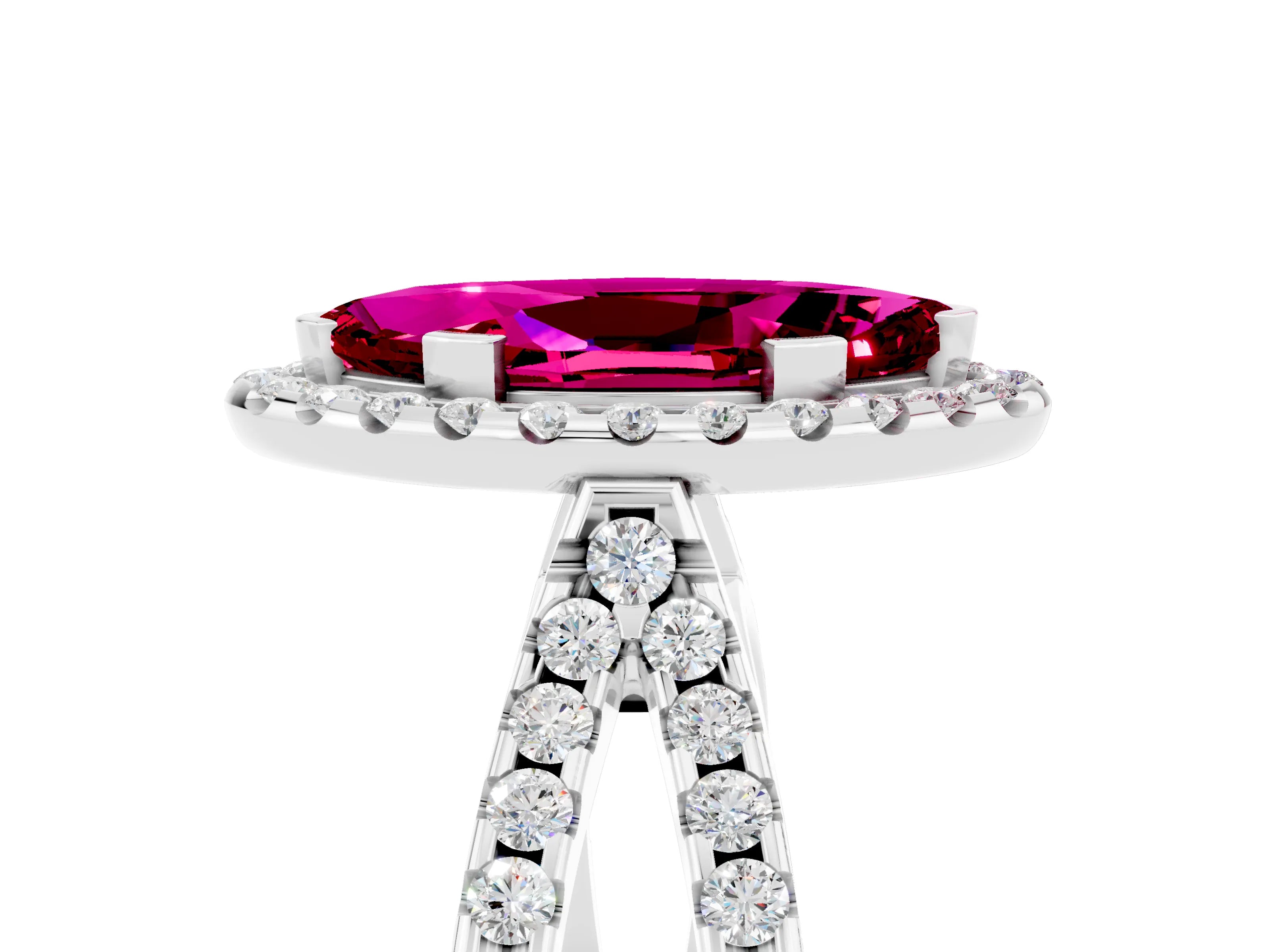 White gold Marquise Cut Garnet Halo Ring with Split Shank Pavé Band and Prong Setting_5