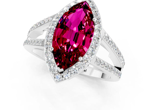 Platinum Marquise Cut Garnet Halo Ring with Split Shank U-Prong Band and Four-Prong Setting