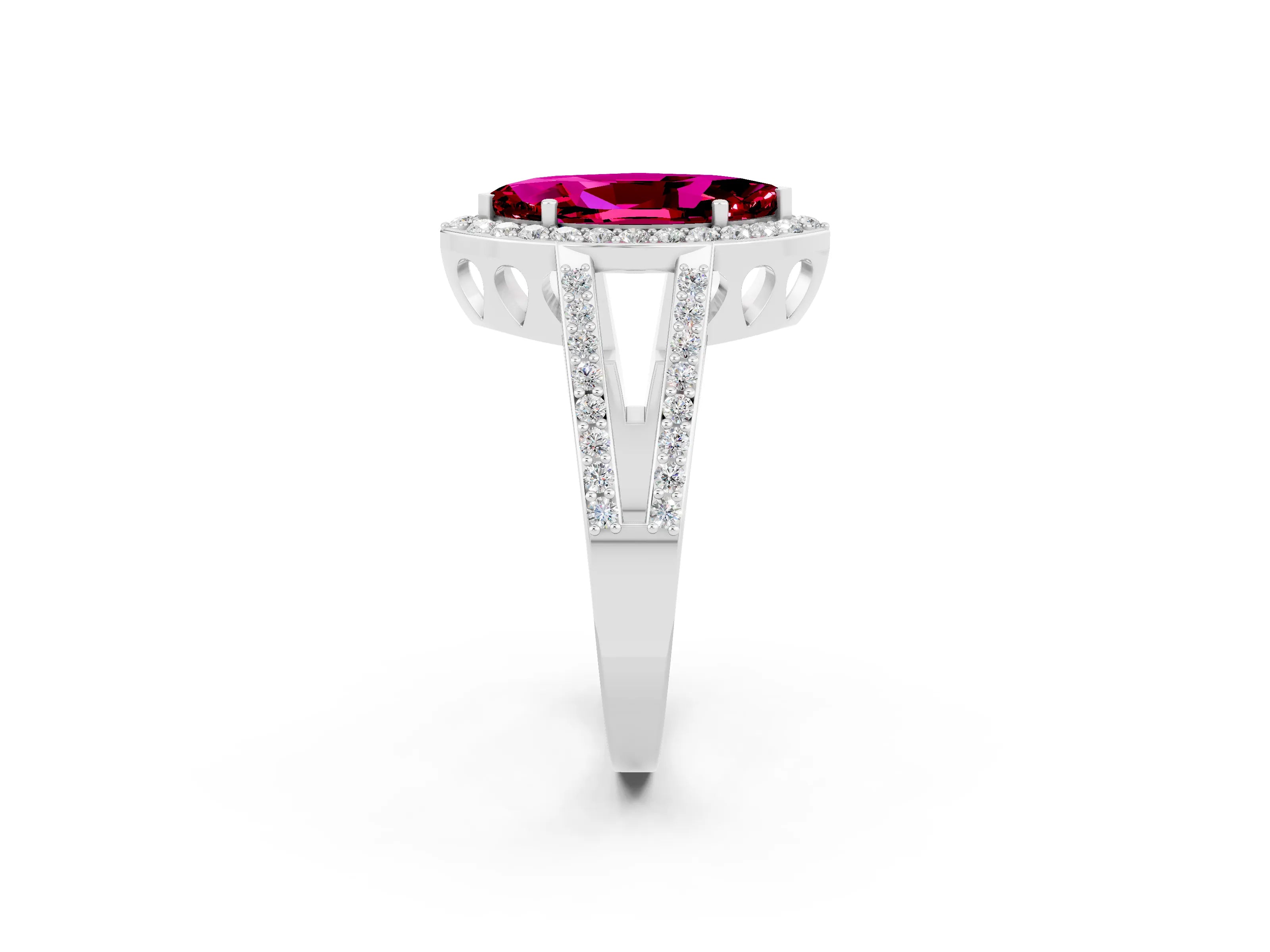 White gold Marquise Cut Garnet Halo Ring with Split Shank U-Prong Band and Four-Prong Setting_2