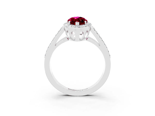Platinum Marquise Cut Garnet Halo Ring with Split Shank U-Prong Band and Four-Prong Setting