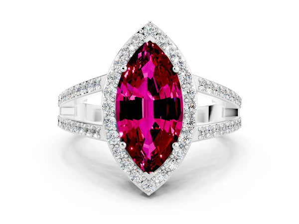 Silver Marquise Cut Garnet Halo Ring with Split Shank U-Prong Band and Four-Prong Setting