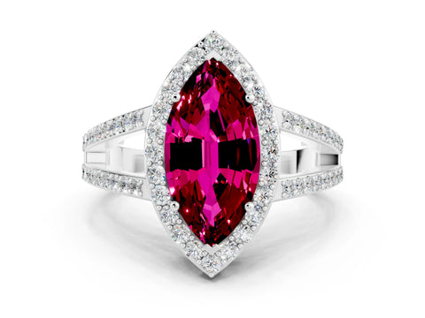 White gold Marquise Cut Garnet Halo Ring with Split Shank U-Prong Band and Four-Prong Setting