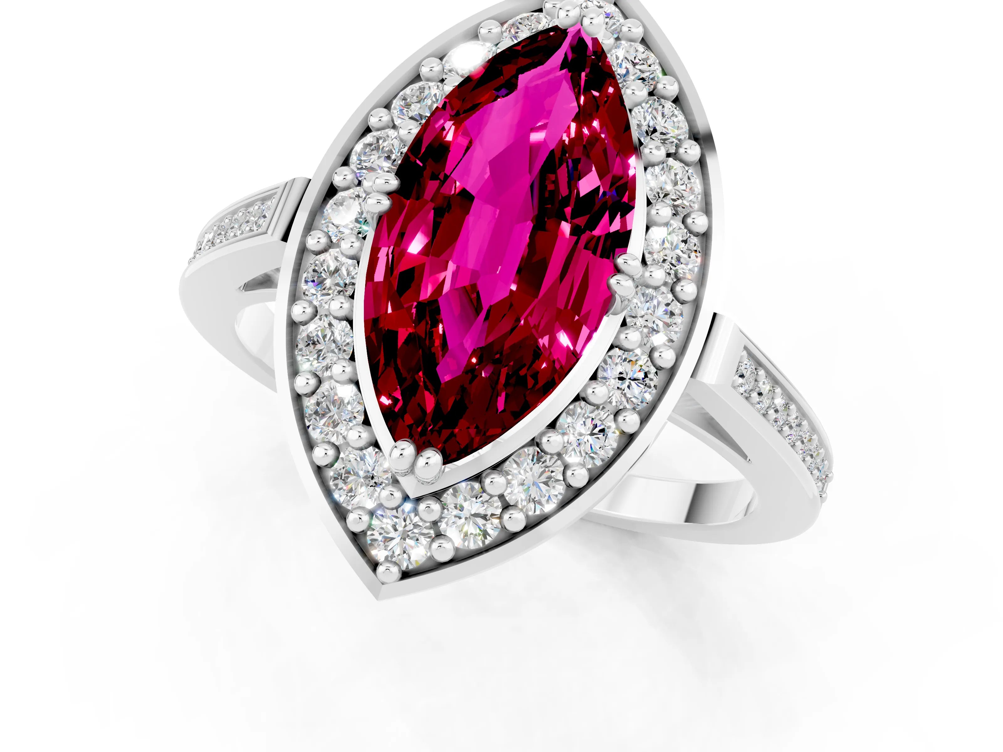 White gold Marquise Cut Garnet Halo Ring with Split Shank and Four-Prong Setting_13
