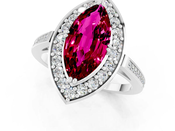 White gold Marquise Cut Garnet Halo Ring with Split Shank and Four-Prong Setting
