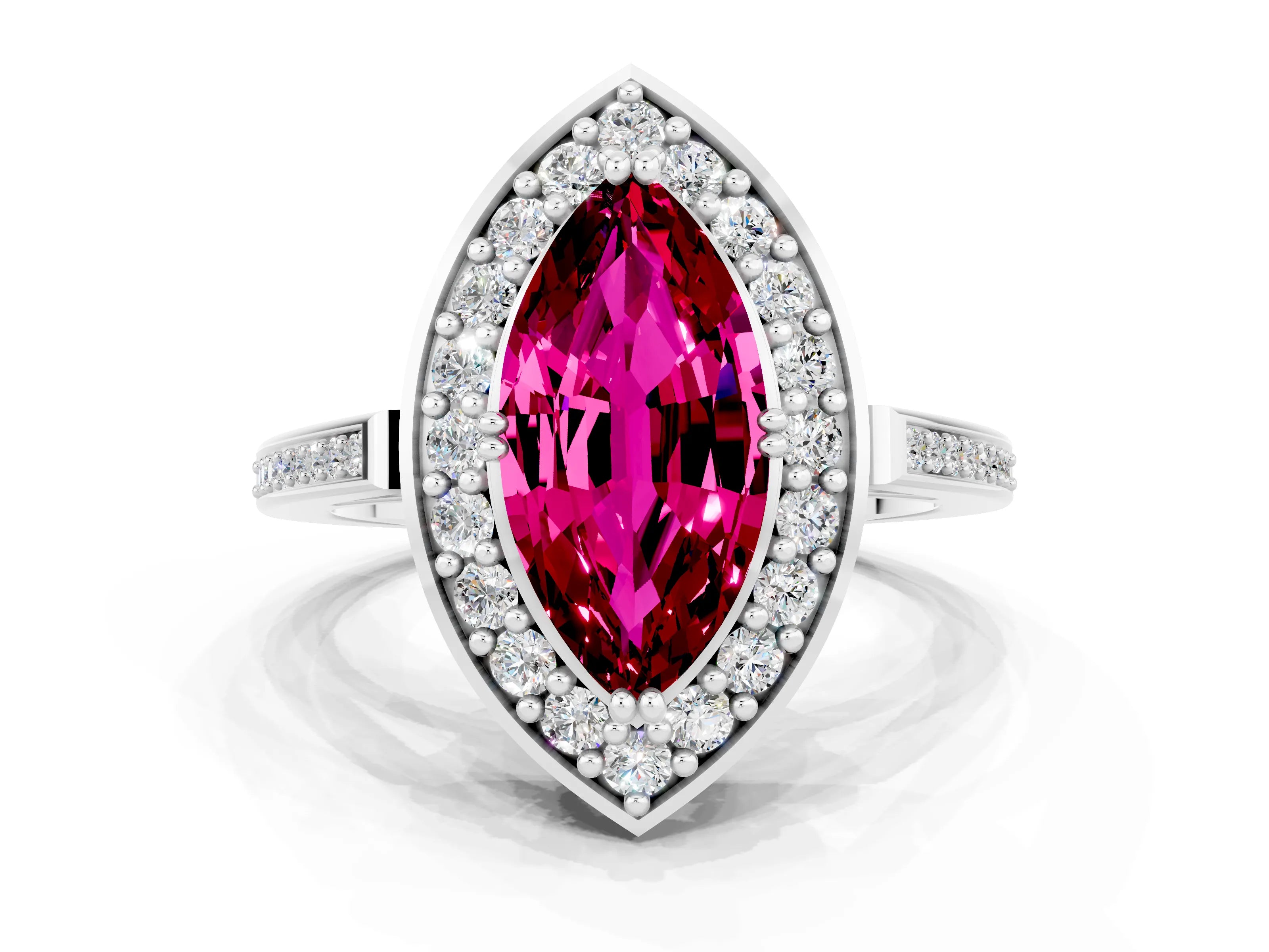 White gold Marquise Cut Garnet Halo Ring with Split Shank and Four-Prong Setting