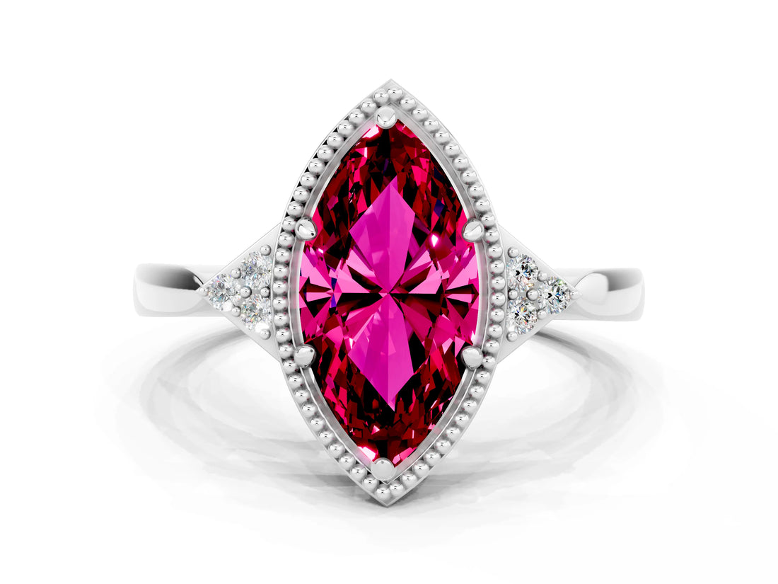 White gold Marquise Cut Garnet Halo Ring with Tapered Band and Four-Prong Setting