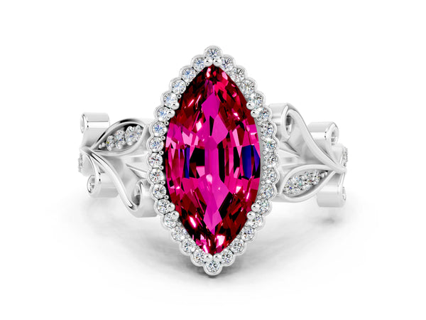 Silver Marquise Cut Garnet Halo Ring with Vintage Split Shank and Four-Prong Setting