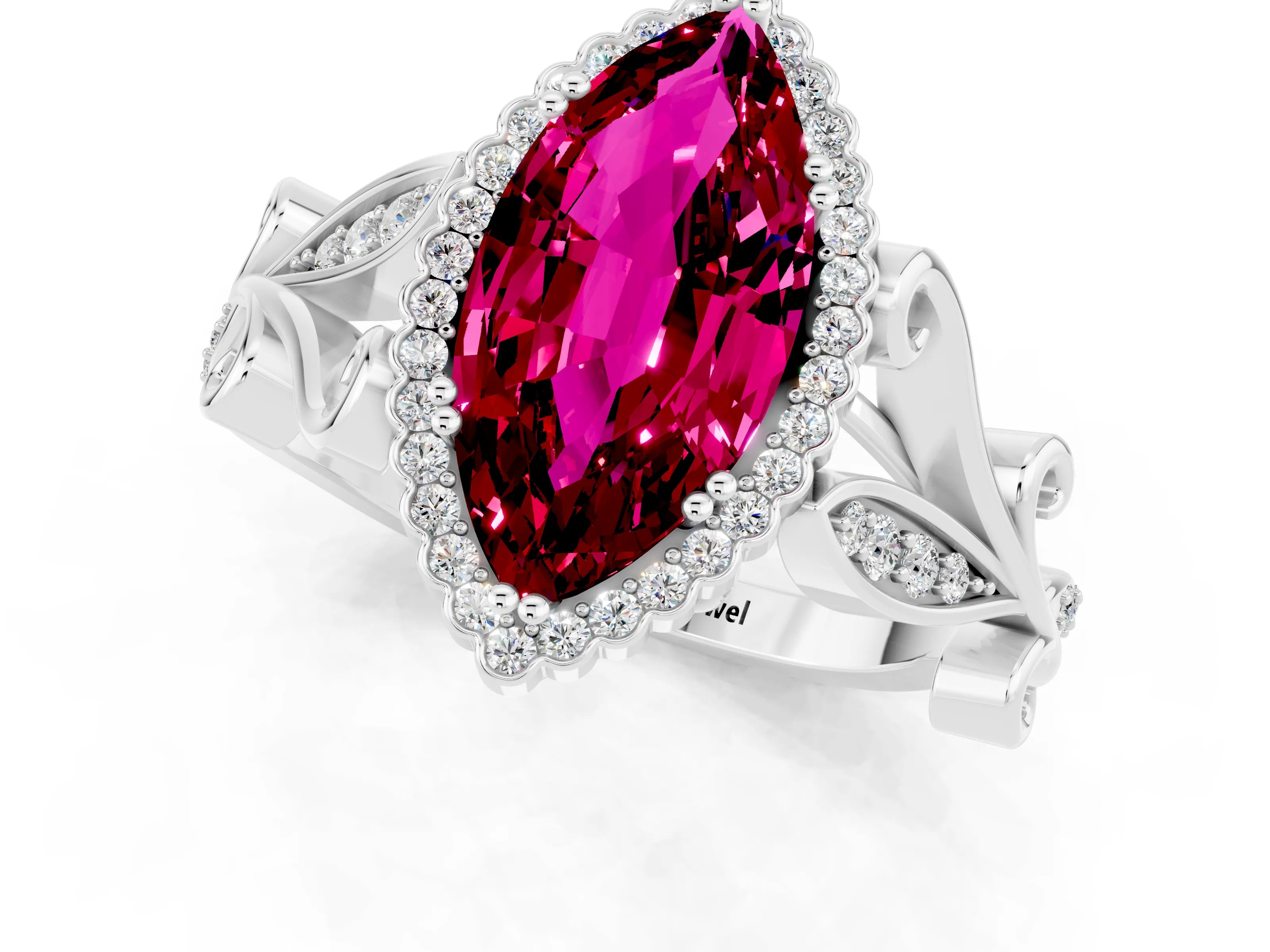 White gold Marquise Cut Garnet Halo Ring with Vintage Split Shank and Four-Prong Setting_25