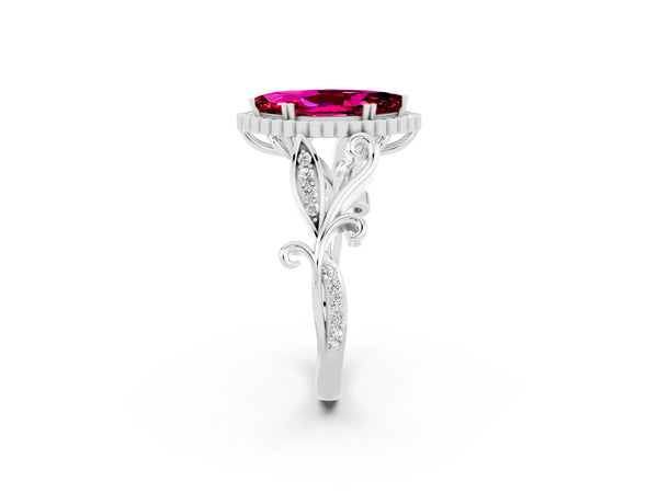 White gold Marquise Cut Garnet Halo Ring with Vintage Split Shank and Four-Prong Setting