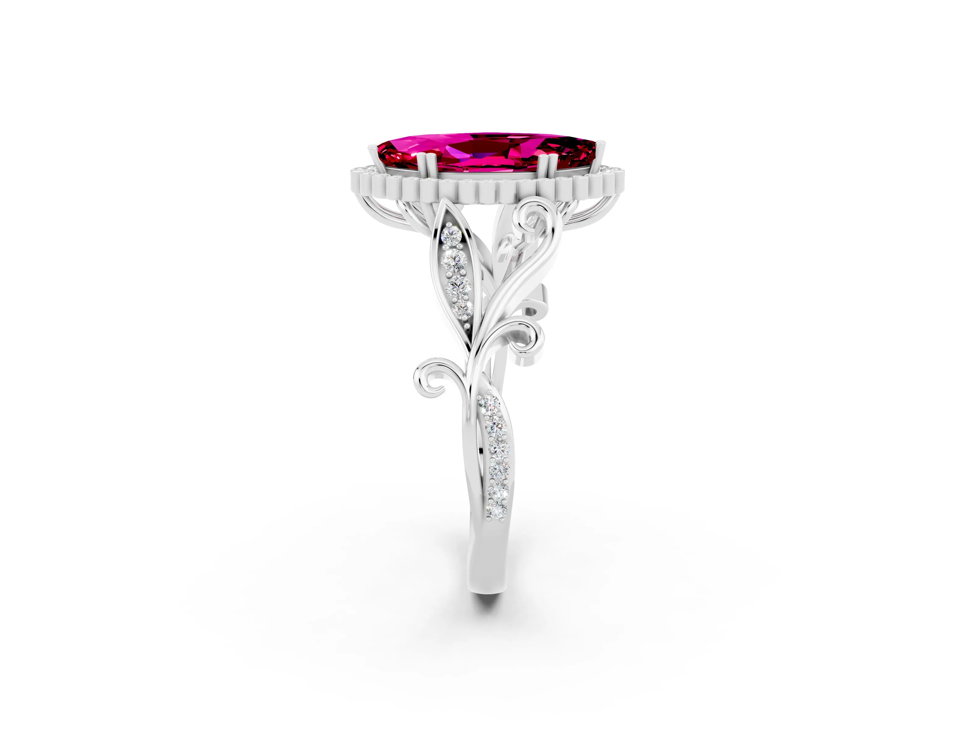 White gold Marquise Cut Garnet Halo Ring with Vintage Split Shank and Four-Prong Setting_26