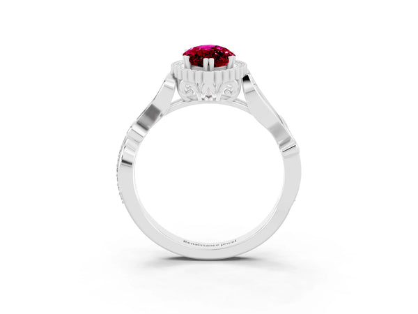 Silver Marquise Cut Garnet Halo Ring with Vintage Split Shank and Four-Prong Setting