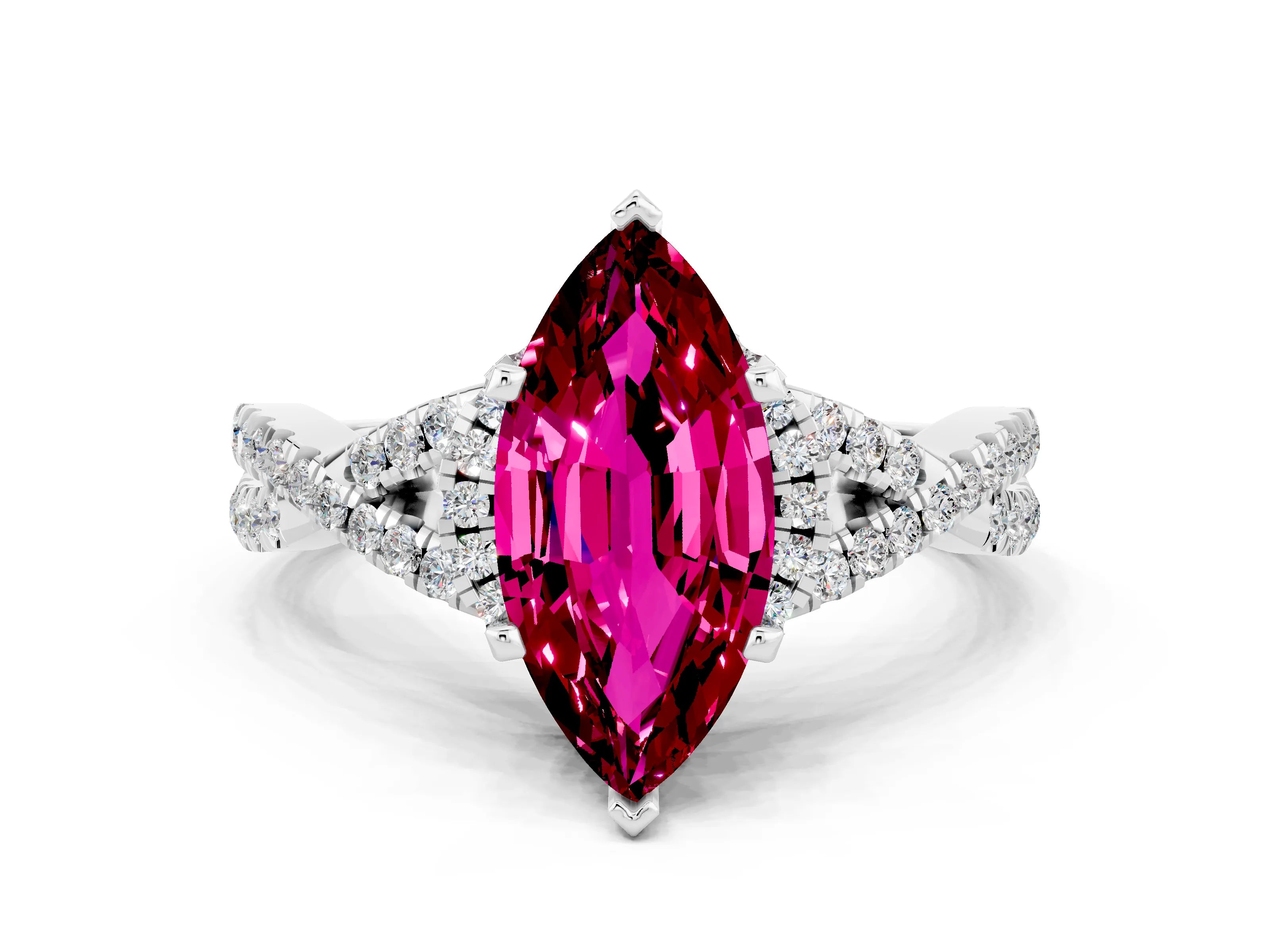 White gold Marquise Cut Garnet Halo Twist Band Solitaire Prong Setting Ring