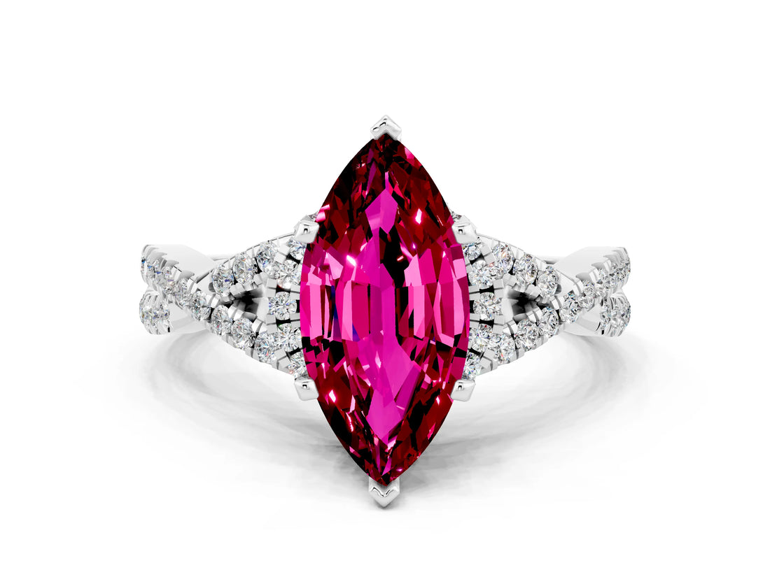 White gold Marquise Cut Garnet Halo Twist Band Solitaire Prong Setting Ring